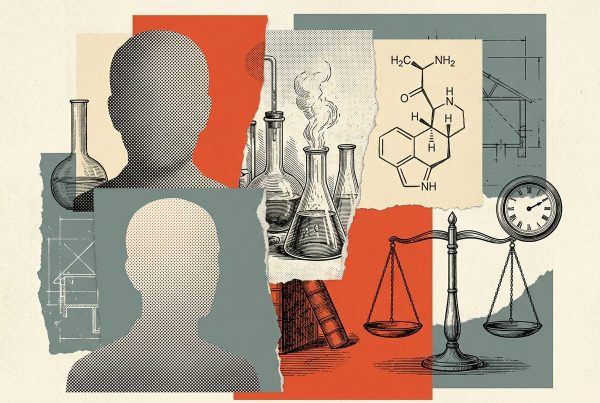 Symbolische Vintage-Collage-Illustration zum Fall Alexander Stratford und Lizard Labs: Laborglas, LSD-Molekülstruktur, Waage der Justiz und anonyme Silhouetten