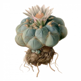 Botanische Illustration eines bluehenden Peyote-Kaktus
